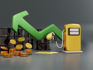 Рост цен на топливо: график вверх, нефтяные бочки и заправочная колонка как символ подорожания бензина
