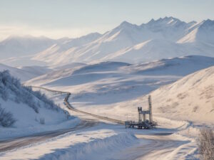 Нефтегазовая установка в заснеженной горной местности: буровая вышка и дорога среди зимнего промышленного ландшафта