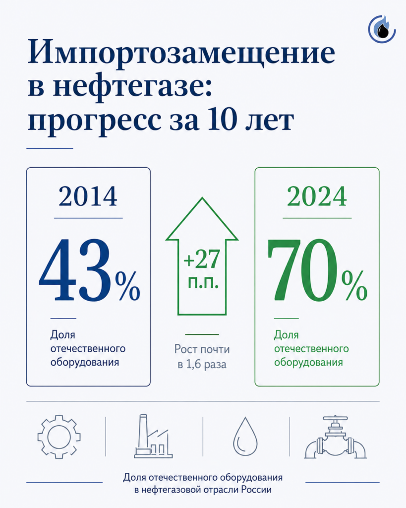 Инфографика: рост доли отечественного оборудования в нефтегазовой отрасли России с 43% в 2014 году до 70% в 2024 году.
