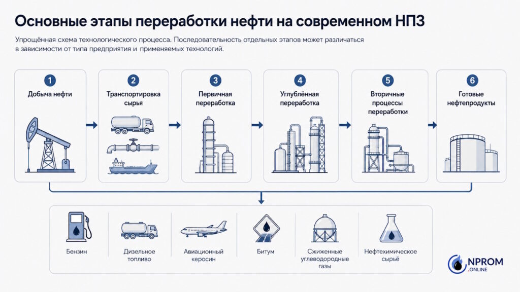 Инфографика: основные этапы переработки нефти на современном нефтеперерабатывающем заводе (НПЗ).